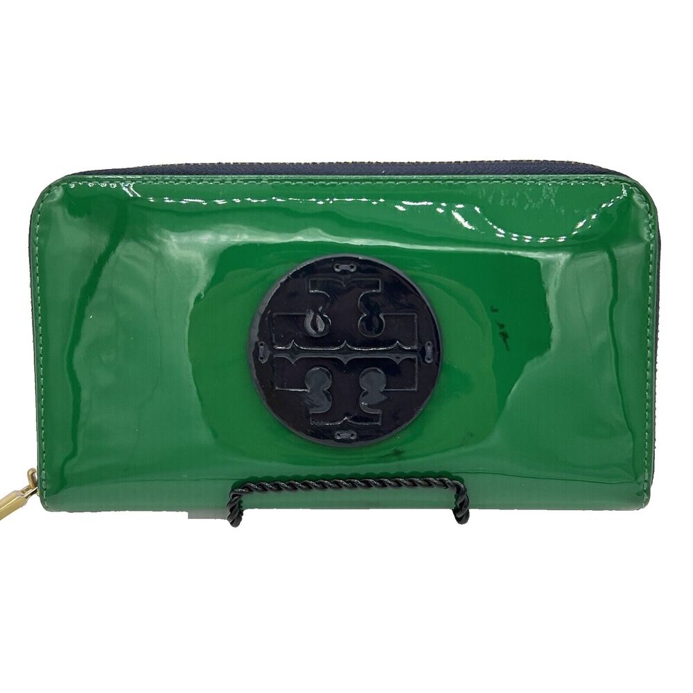 Tory Burch Continental Wallet Patent Leather Zip Around 39112 Green/Navy